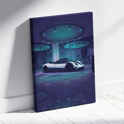 Pagani Zonda Inspired White Purple Canvas Wall Art Vaporwave Hypercar Artwork Neon Showroom Garage Decor Retro Futuristic Luxury Car Print