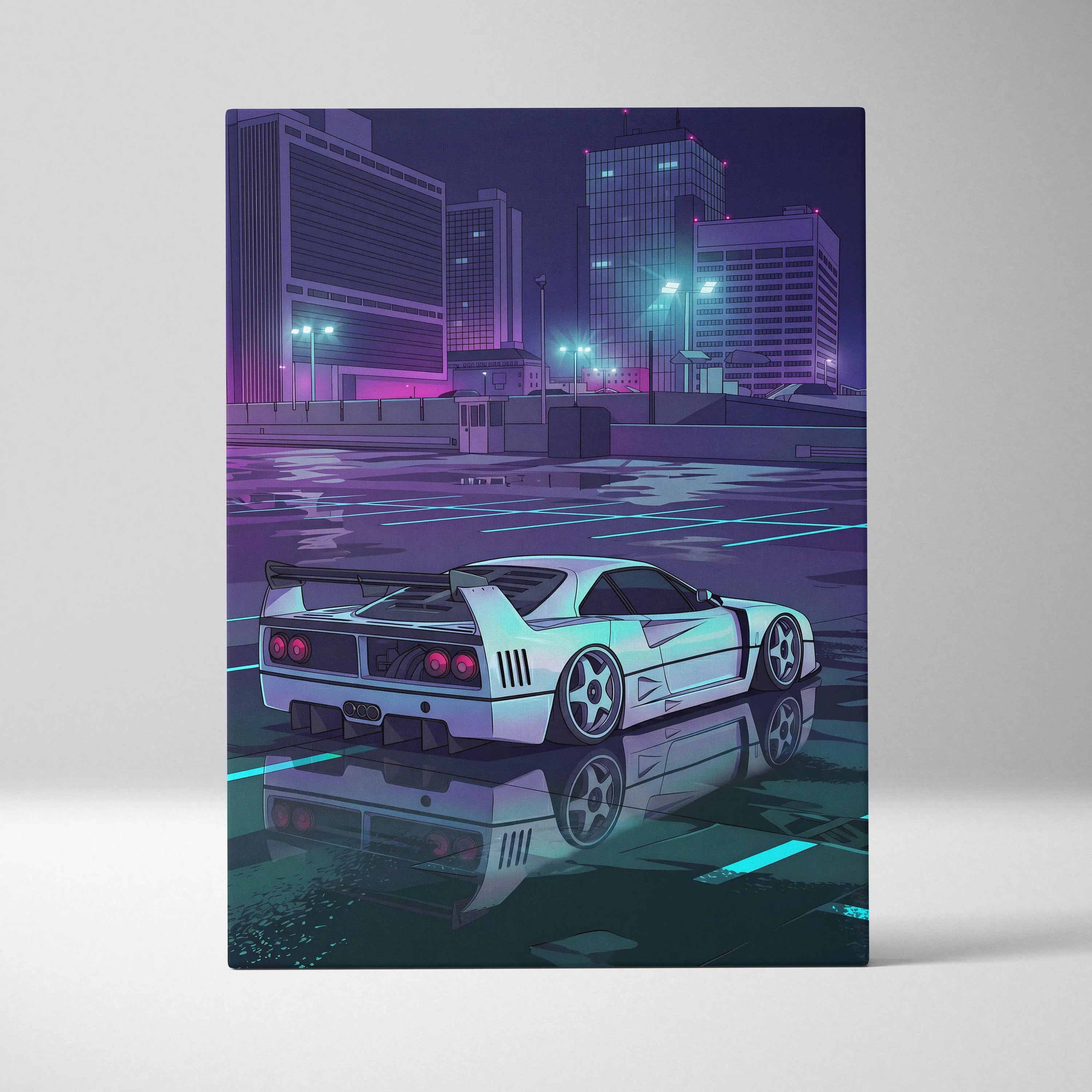 Ferrari F40 Inspired White Purple Canvas Wall Art, Vaporwave Supercar Artwork, Neon City Garage Decor, Retro Futuristic Exotic Print