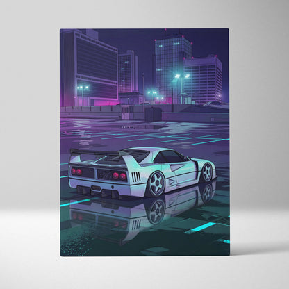 Ferrari F40 Inspired White Purple Canvas Wall Art, Vaporwave Supercar Artwork, Neon City Garage Decor, Retro Futuristic Exotic Print