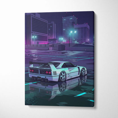 Ferrari F40 Inspired White Purple Canvas Wall Art, Vaporwave Supercar Artwork, Neon City Garage Decor, Retro Futuristic Exotic Print