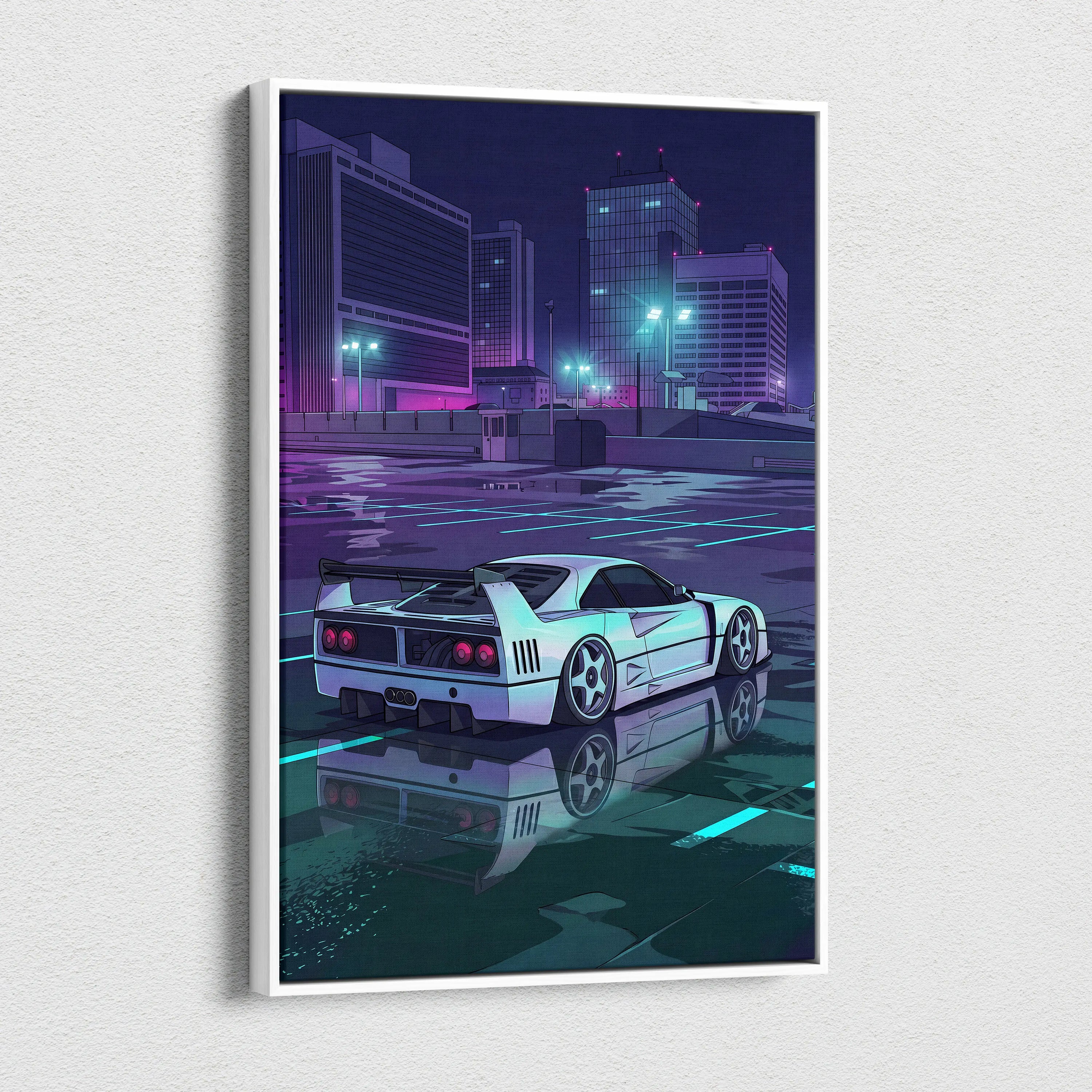 Ferrari F40 Inspired White Purple Canvas Wall Art, Vaporwave Supercar Artwork, Neon City Garage Decor, Retro Futuristic Exotic Print