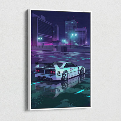 Ferrari F40 Inspired White Purple Canvas Wall Art, Vaporwave Supercar Artwork, Neon City Garage Decor, Retro Futuristic Exotic Print