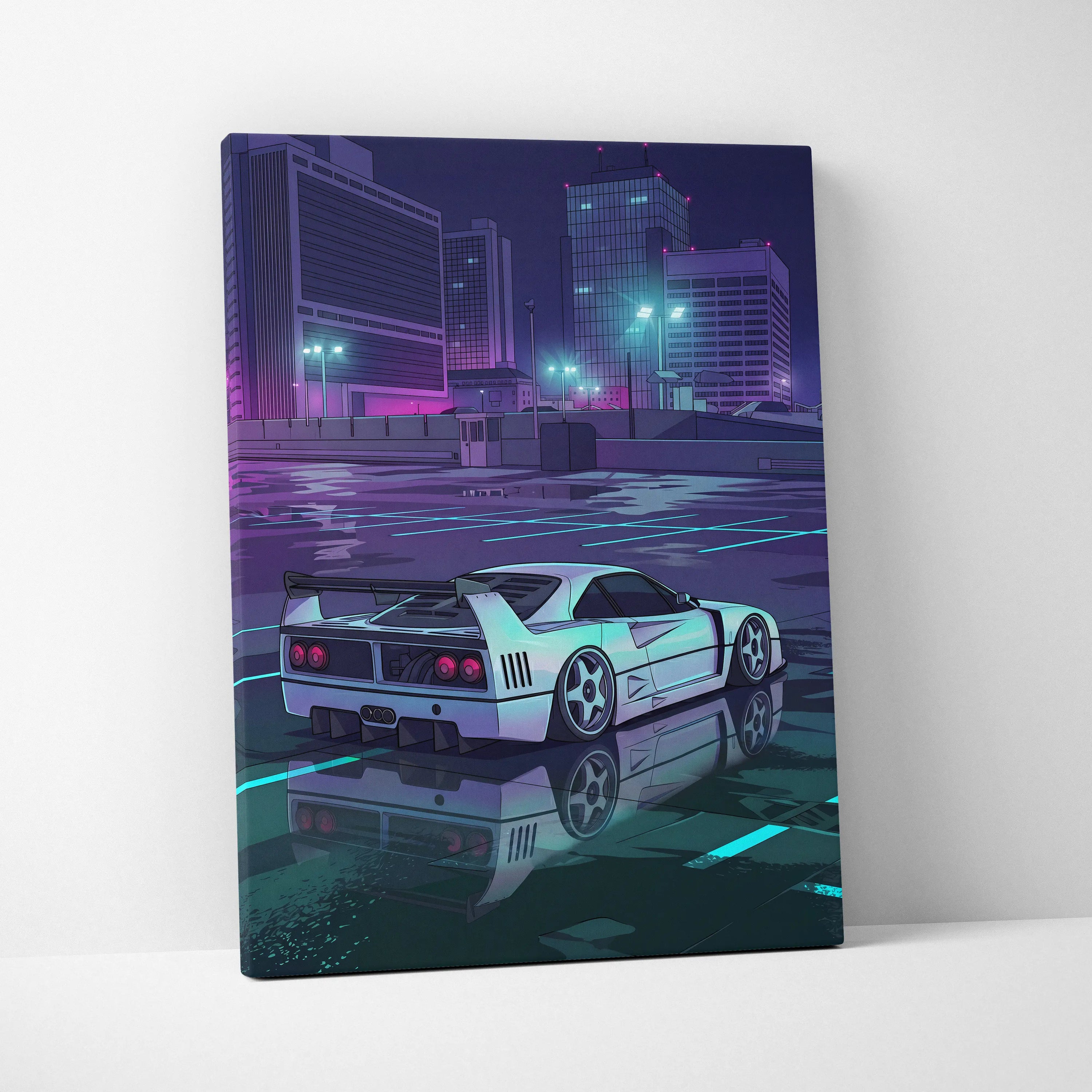 Ferrari F40 Inspired White Purple Canvas Wall Art, Vaporwave Supercar Artwork, Neon City Garage Decor, Retro Futuristic Exotic Print