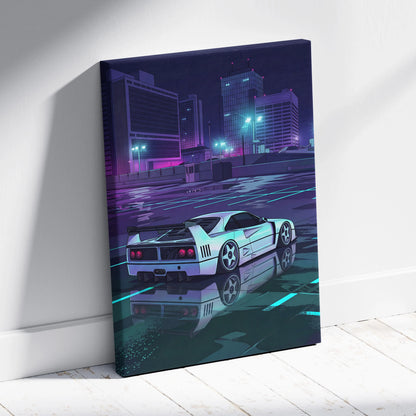 Ferrari F40 Inspired White Purple Canvas Wall Art, Vaporwave Supercar Artwork, Neon City Garage Decor, Retro Futuristic Exotic Print