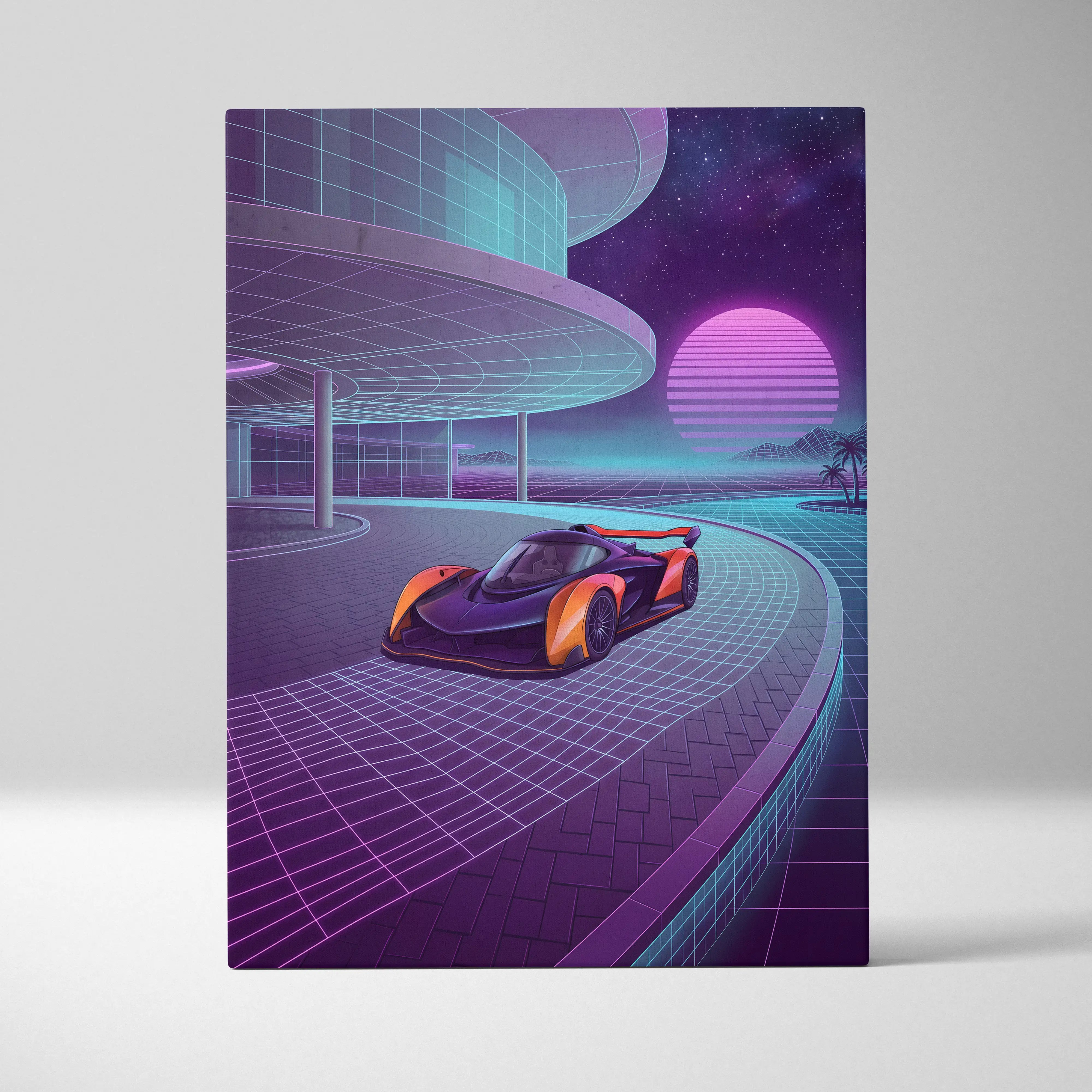 McLaren Solus GT Inspired Orange Purple Canvas Wall Art, Neon Vaporwave Hypercar Artwork for Futuristic Garage Decor