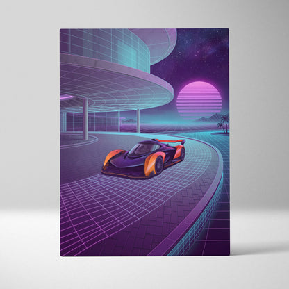 McLaren Solus GT Inspired Orange Purple Canvas Wall Art, Neon Vaporwave Hypercar Artwork for Futuristic Garage Decor