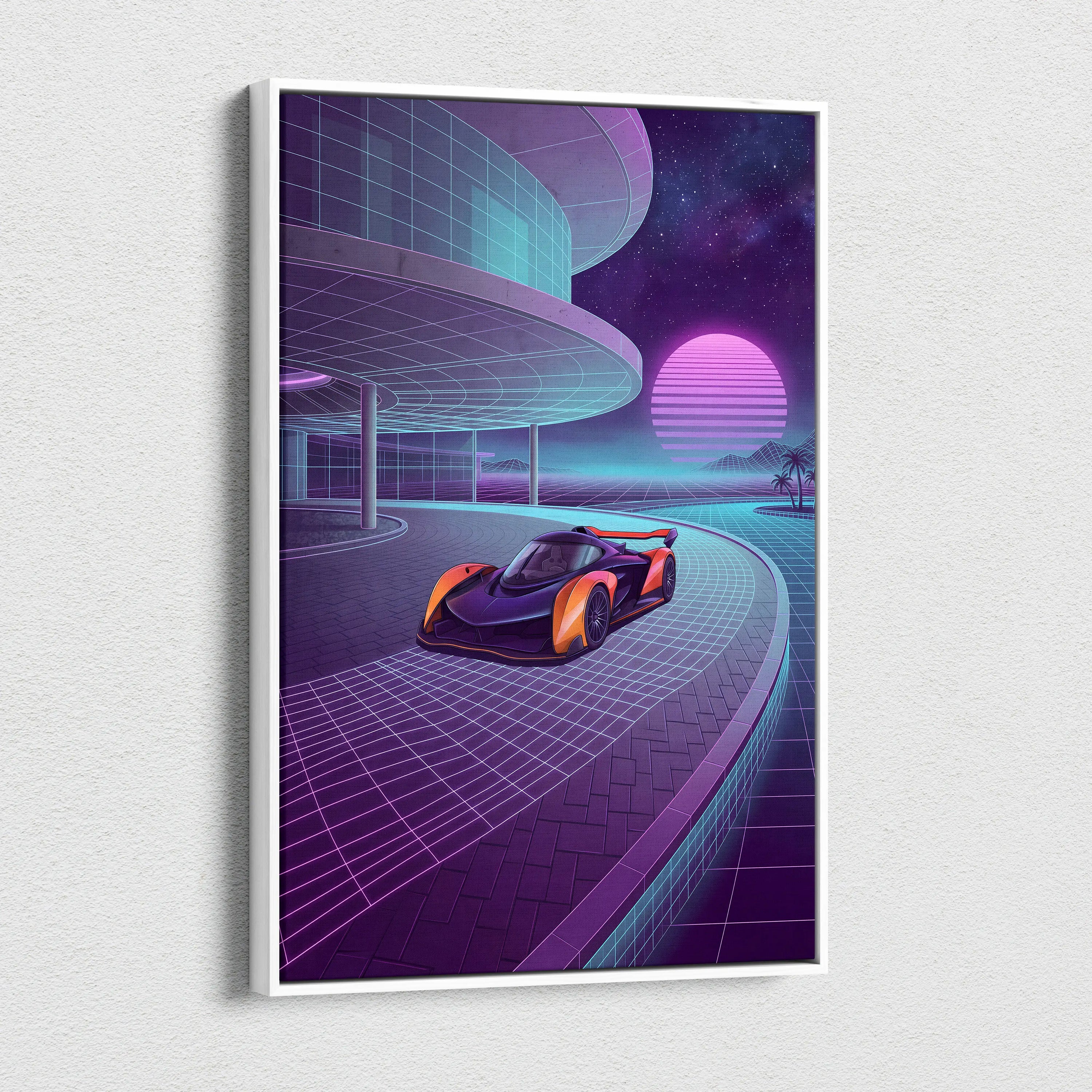 McLaren Solus GT Inspired Orange Purple Canvas Wall Art, Neon Vaporwave Hypercar Artwork for Futuristic Garage Decor