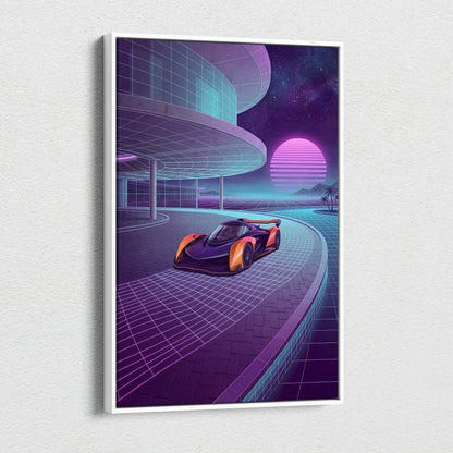 McLaren Solus GT Inspired Orange Purple Canvas Wall Art, Neon Vaporwave Hypercar Artwork for Futuristic Garage Decor