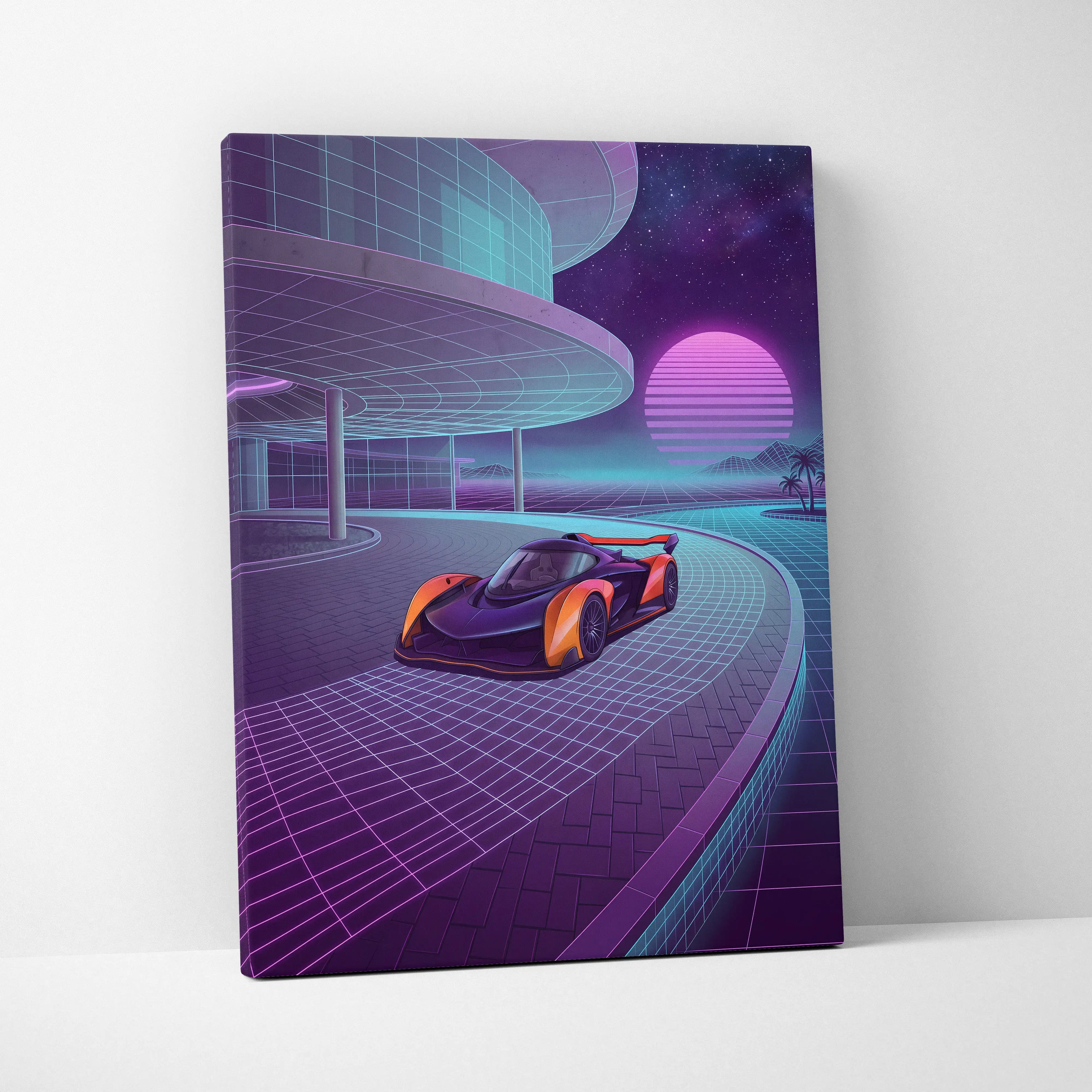 McLaren Solus GT Inspired Orange Purple Canvas Wall Art, Neon Vaporwave Hypercar Artwork for Futuristic Garage Decor
