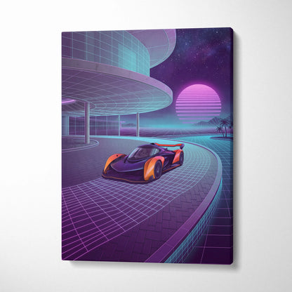McLaren Solus GT Inspired Orange Purple Canvas Wall Art, Neon Vaporwave Hypercar Artwork for Futuristic Garage Decor