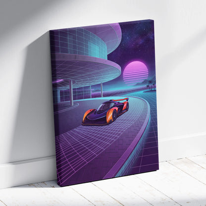 McLaren Solus GT Inspired Orange Purple Canvas Wall Art, Neon Vaporwave Hypercar Artwork for Futuristic Garage Decor