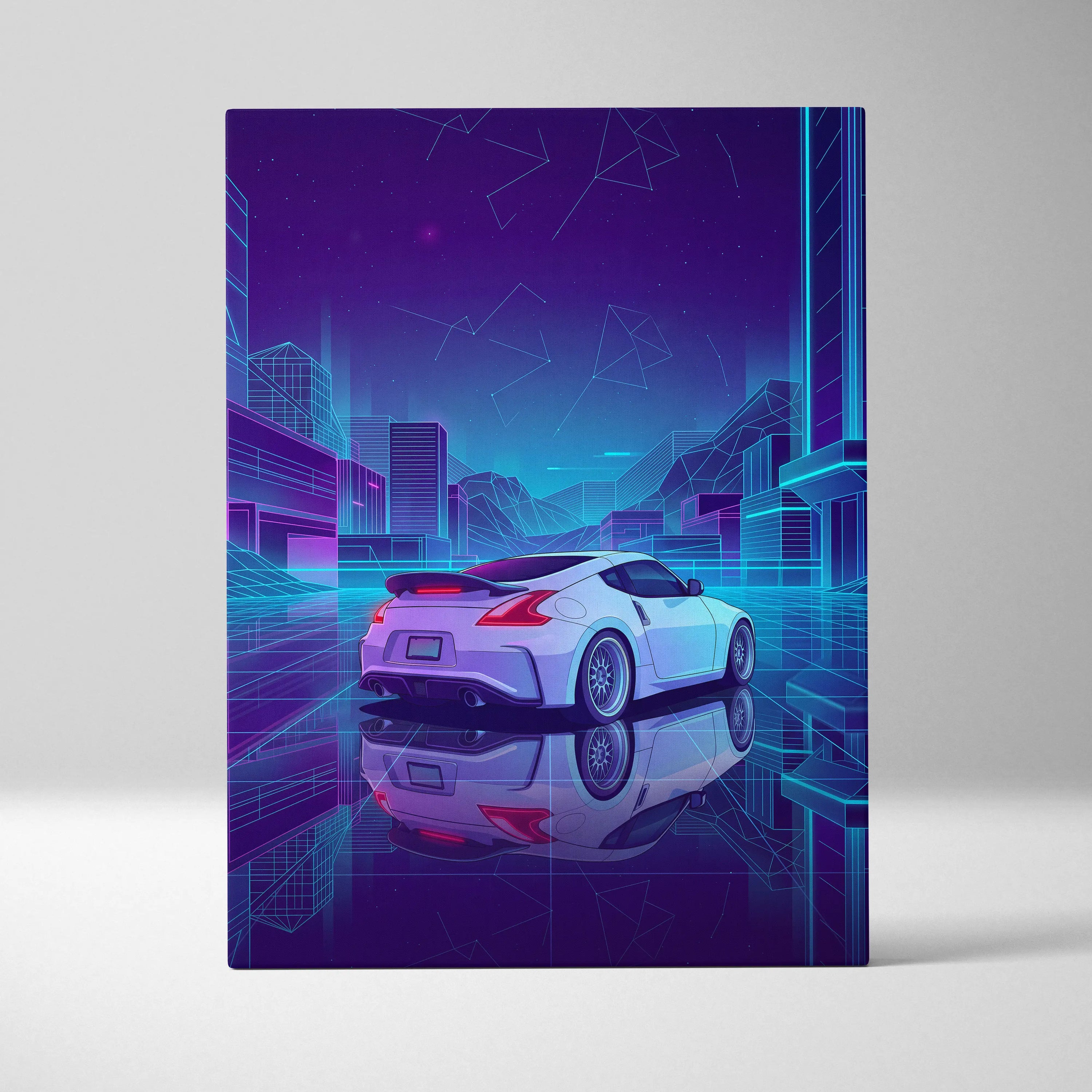 Nissan 370Z Inspired White Purple Canvas Wall Art, Neon Vaporwave JDM Sports Car Artwork for Futuristic Garage Decor