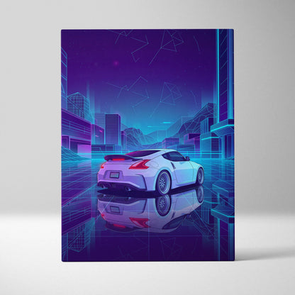 Nissan 370Z Inspired White Purple Canvas Wall Art, Neon Vaporwave JDM Sports Car Artwork for Futuristic Garage Decor
