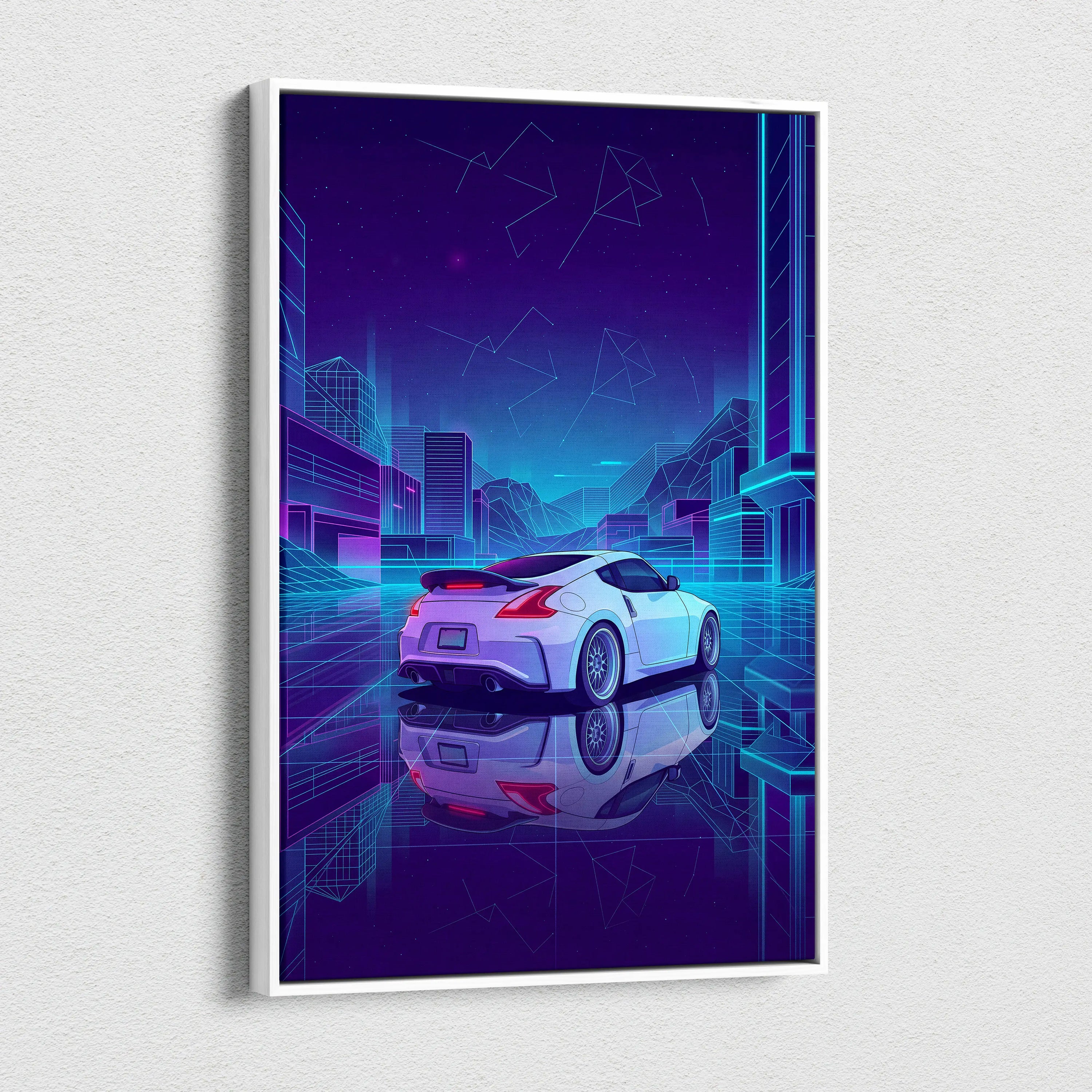 Nissan 370Z Inspired White Purple Canvas Wall Art, Neon Vaporwave JDM Sports Car Artwork for Futuristic Garage Decor