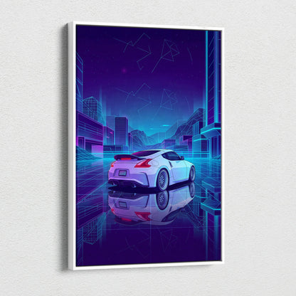 Nissan 370Z Inspired White Purple Canvas Wall Art, Neon Vaporwave JDM Sports Car Artwork for Futuristic Garage Decor