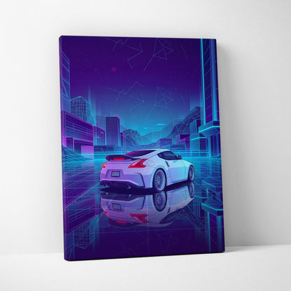 Nissan 370Z Inspired White Purple Canvas Wall Art, Neon Vaporwave JDM Sports Car Artwork for Futuristic Garage Decor