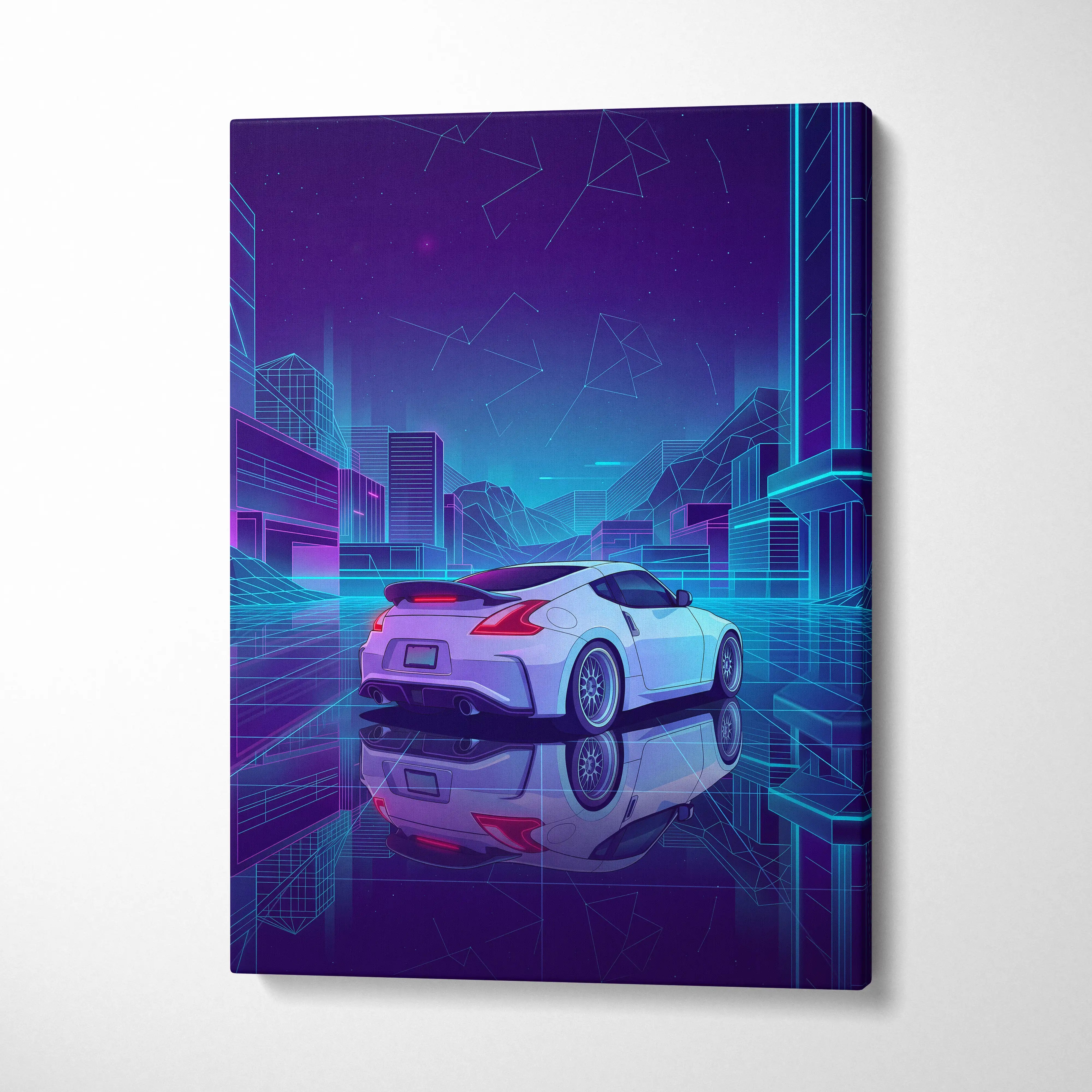 Nissan 370Z Inspired White Purple Canvas Wall Art, Neon Vaporwave JDM Sports Car Artwork for Futuristic Garage Decor
