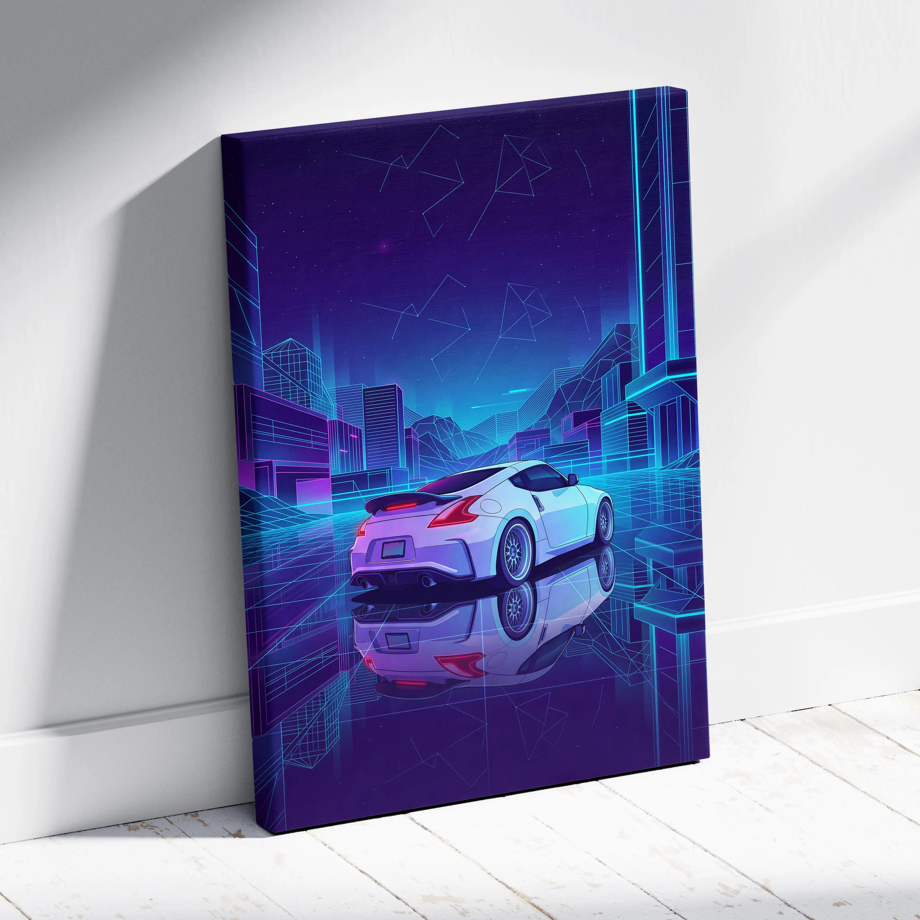 Nissan 370Z Inspired White Purple Canvas Wall Art, Neon Vaporwave JDM Sports Car Artwork for Futuristic Garage Decor