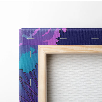 Nissan 350Z Inspired Purple Teal Canvas Wall Art, Neon Vaporwave JDM Sports Car Artwork for Retro Tree-Lined Garage Decor
