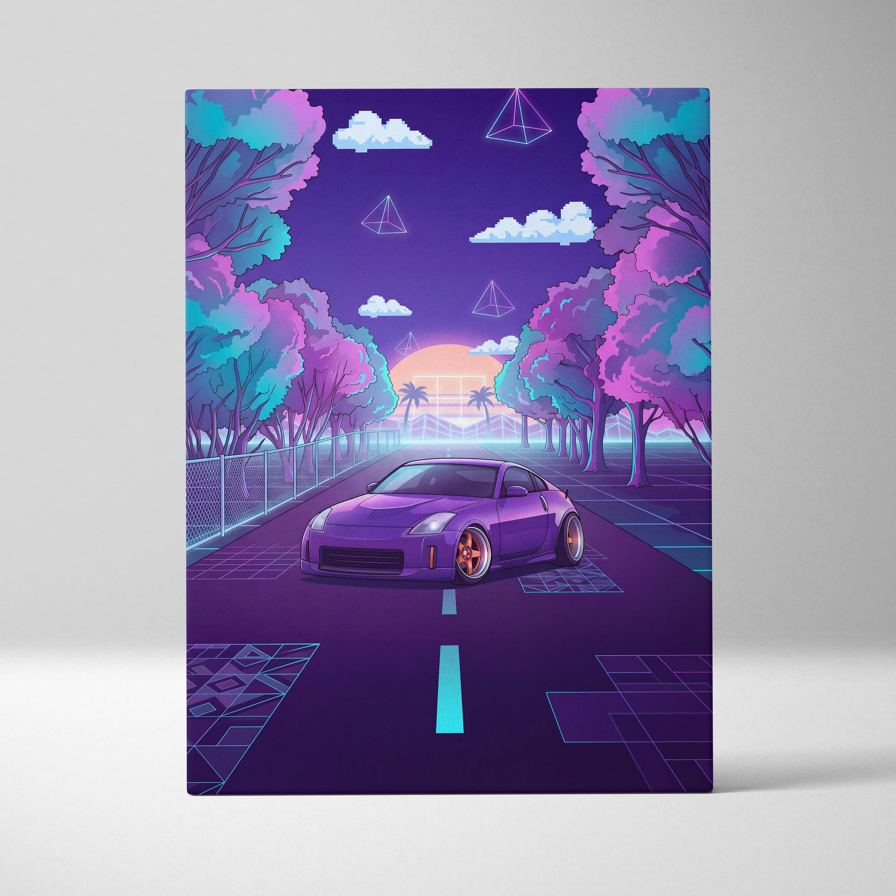 Nissan 350Z Inspired Purple Teal Canvas Wall Art, Neon Vaporwave JDM Sports Car Artwork for Retro Tree-Lined Garage Decor