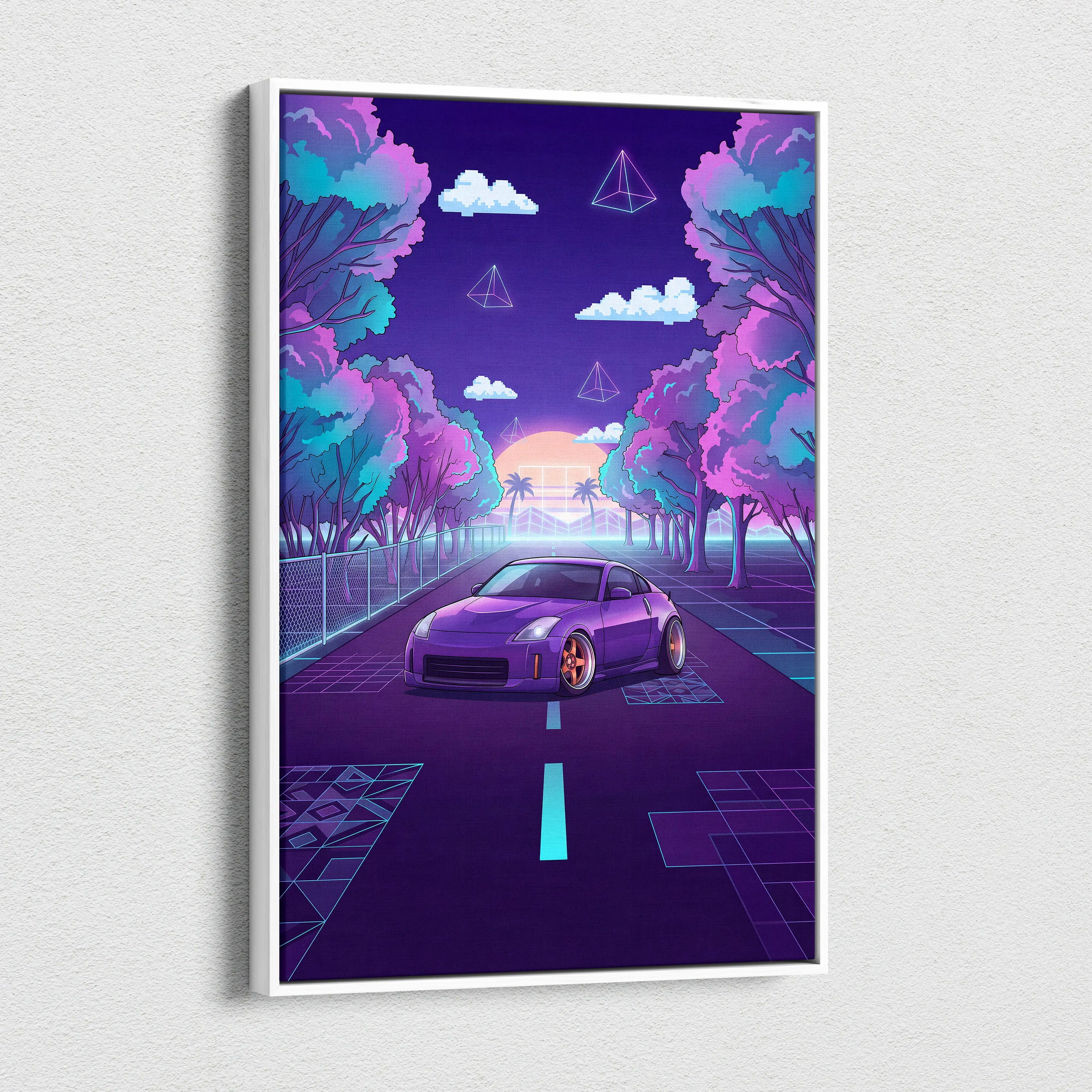 Nissan 350Z Inspired Purple Teal Canvas Wall Art, Neon Vaporwave JDM Sports Car Artwork for Retro Tree-Lined Garage Decor