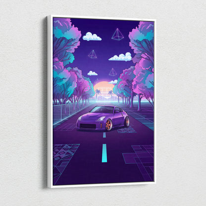 Nissan 350Z Inspired Purple Teal Canvas Wall Art, Neon Vaporwave JDM Sports Car Artwork for Retro Tree-Lined Garage Decor