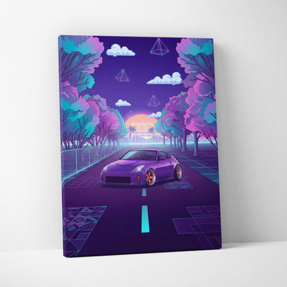 Nissan 350Z Inspired Purple Teal Canvas Wall Art, Neon Vaporwave JDM Sports Car Artwork for Retro Tree-Lined Garage Decor