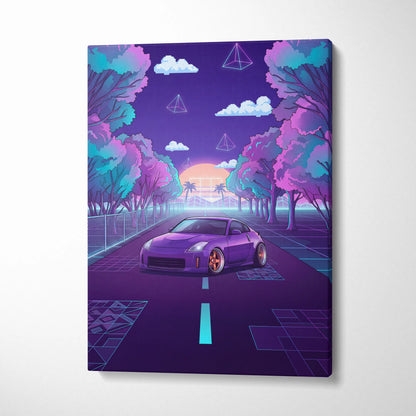 Nissan 350Z Inspired Purple Teal Canvas Wall Art, Neon Vaporwave JDM Sports Car Artwork for Retro Tree-Lined Garage Decor