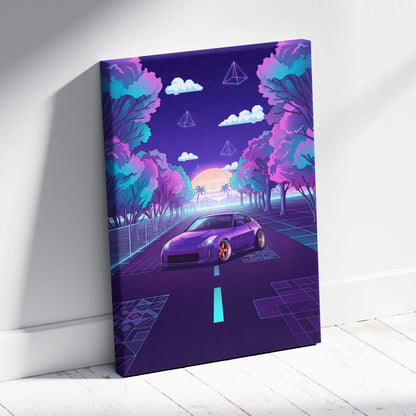 Nissan 350Z Inspired Purple Teal Canvas Wall Art, Neon Vaporwave JDM Sports Car Artwork for Retro Tree-Lined Garage Decor