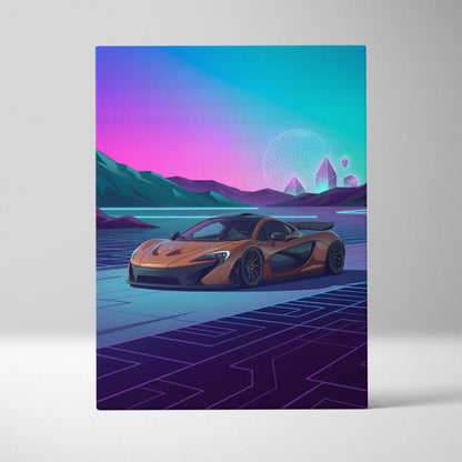McLaren P1 Inspired Orange Purple Canvas Wall Art, Neon Vaporwave Hypercar Artwork for Futuristic Garage Decor
