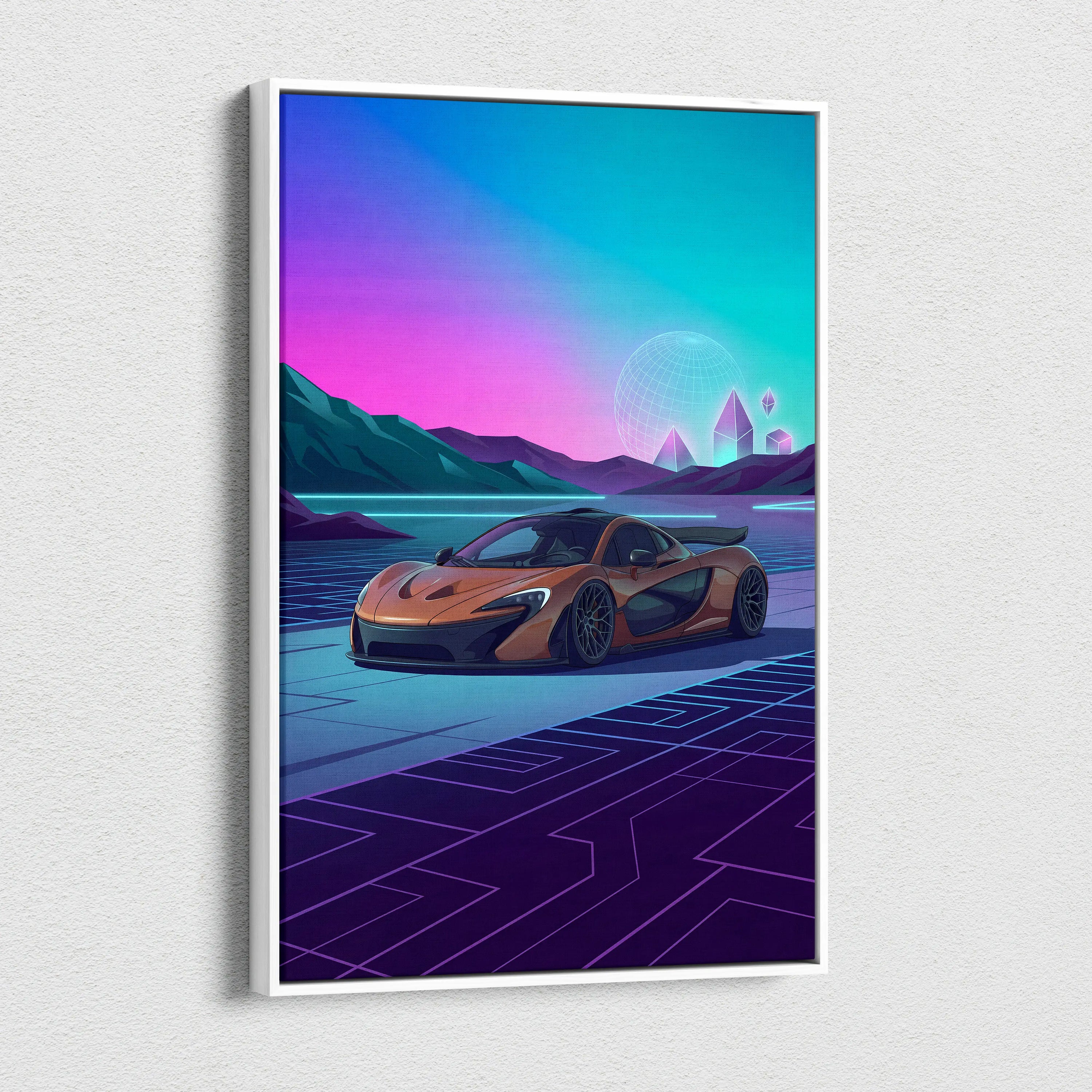 McLaren P1 Inspired Orange Purple Canvas Wall Art, Neon Vaporwave Hypercar Artwork for Futuristic Garage Decor