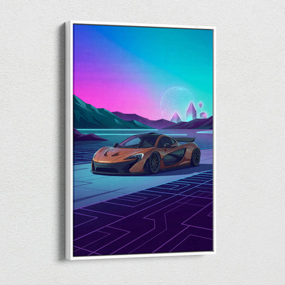 McLaren P1 Inspired Orange Purple Canvas Wall Art, Neon Vaporwave Hypercar Artwork for Futuristic Garage Decor