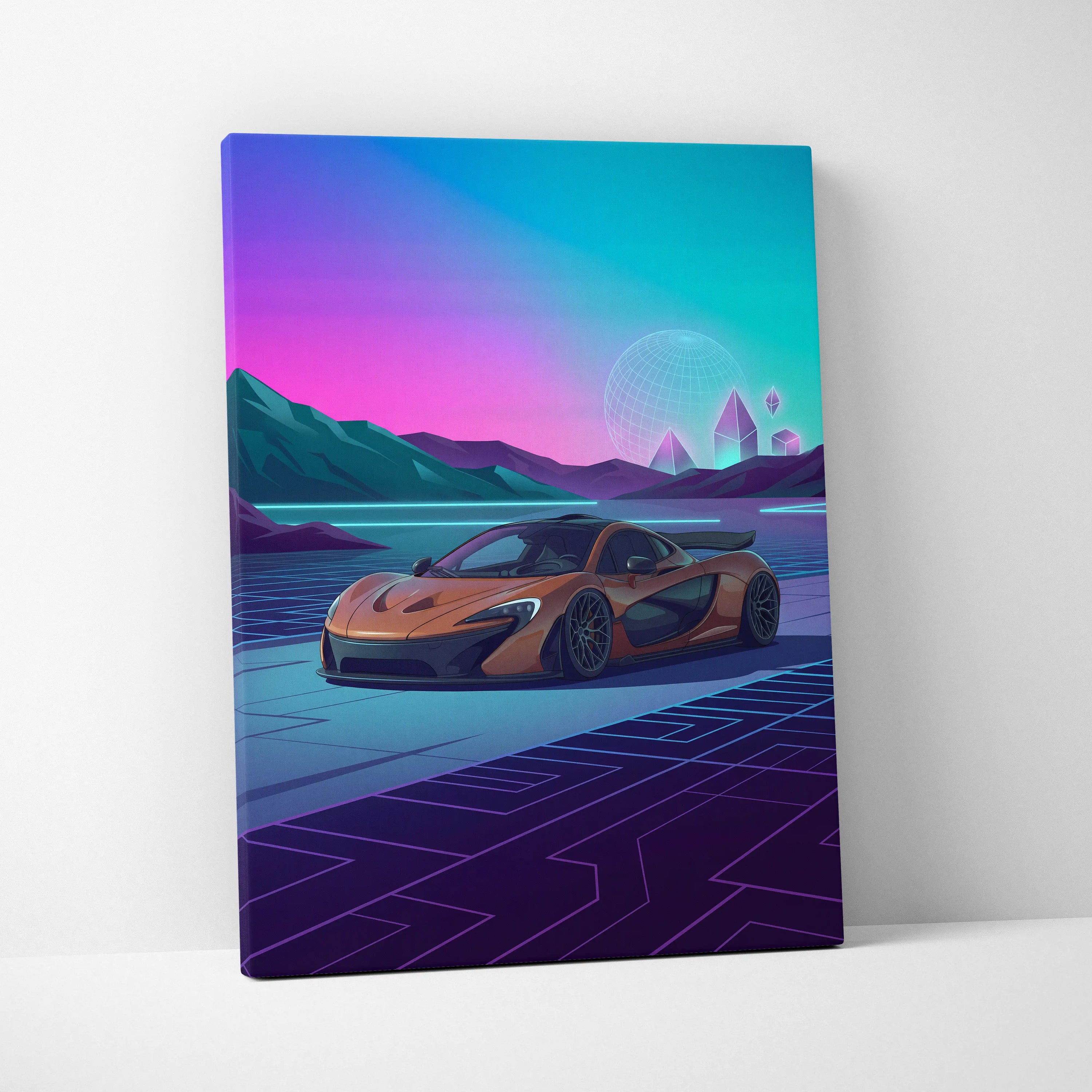 McLaren P1 Inspired Orange Purple Canvas Wall Art, Neon Vaporwave Hypercar Artwork for Futuristic Garage Decor