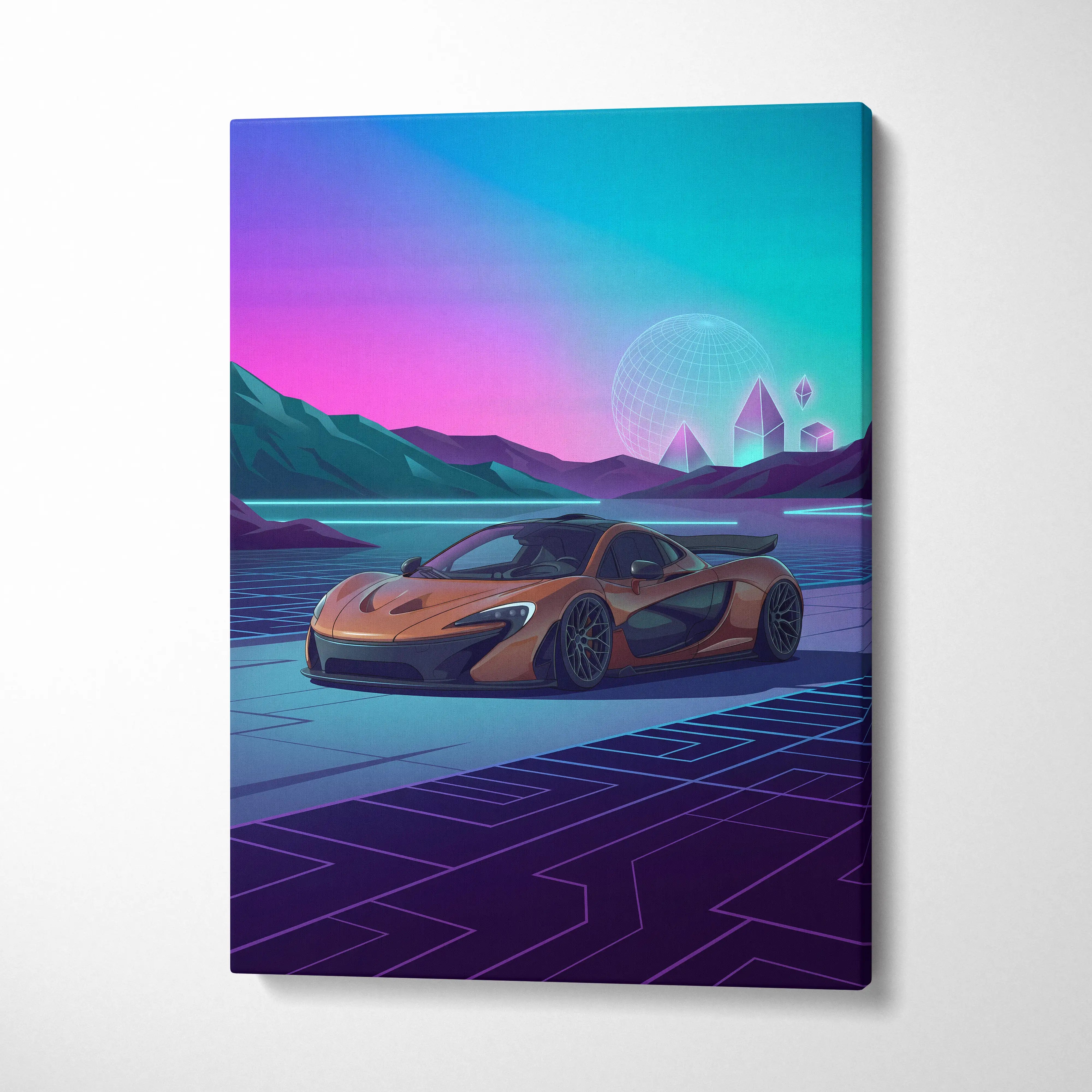 McLaren P1 Inspired Orange Purple Canvas Wall Art, Neon Vaporwave Hypercar Artwork for Futuristic Garage Decor