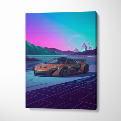 McLaren P1 Inspired Orange Purple Canvas Wall Art, Neon Vaporwave Hypercar Artwork for Futuristic Garage Decor