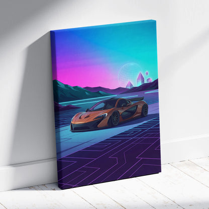 McLaren P1 Inspired Orange Purple Canvas Wall Art, Neon Vaporwave Hypercar Artwork for Futuristic Garage Decor