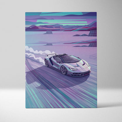 Lamborghini Centenario Roadster Inspired Silver Teal Canvas Wall Art, Speed Vaporwave Hypercar Artwork for Futuristic Garage Decor