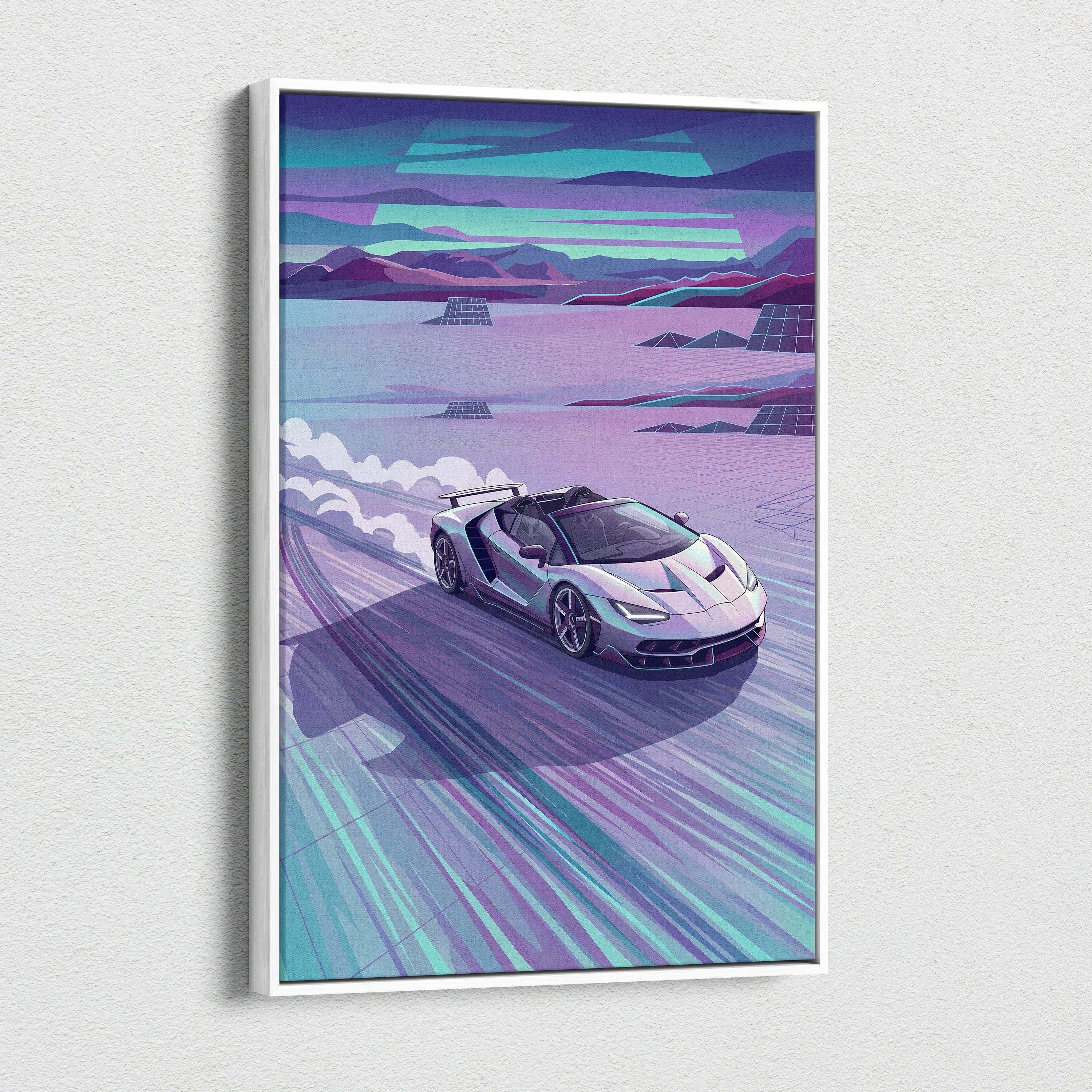 Lamborghini Centenario Roadster Inspired Silver Teal Canvas Wall Art, Speed Vaporwave Hypercar Artwork for Futuristic Garage Decor