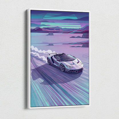 Lamborghini Centenario Roadster Inspired Silver Teal Canvas Wall Art, Speed Vaporwave Hypercar Artwork for Futuristic Garage Decor