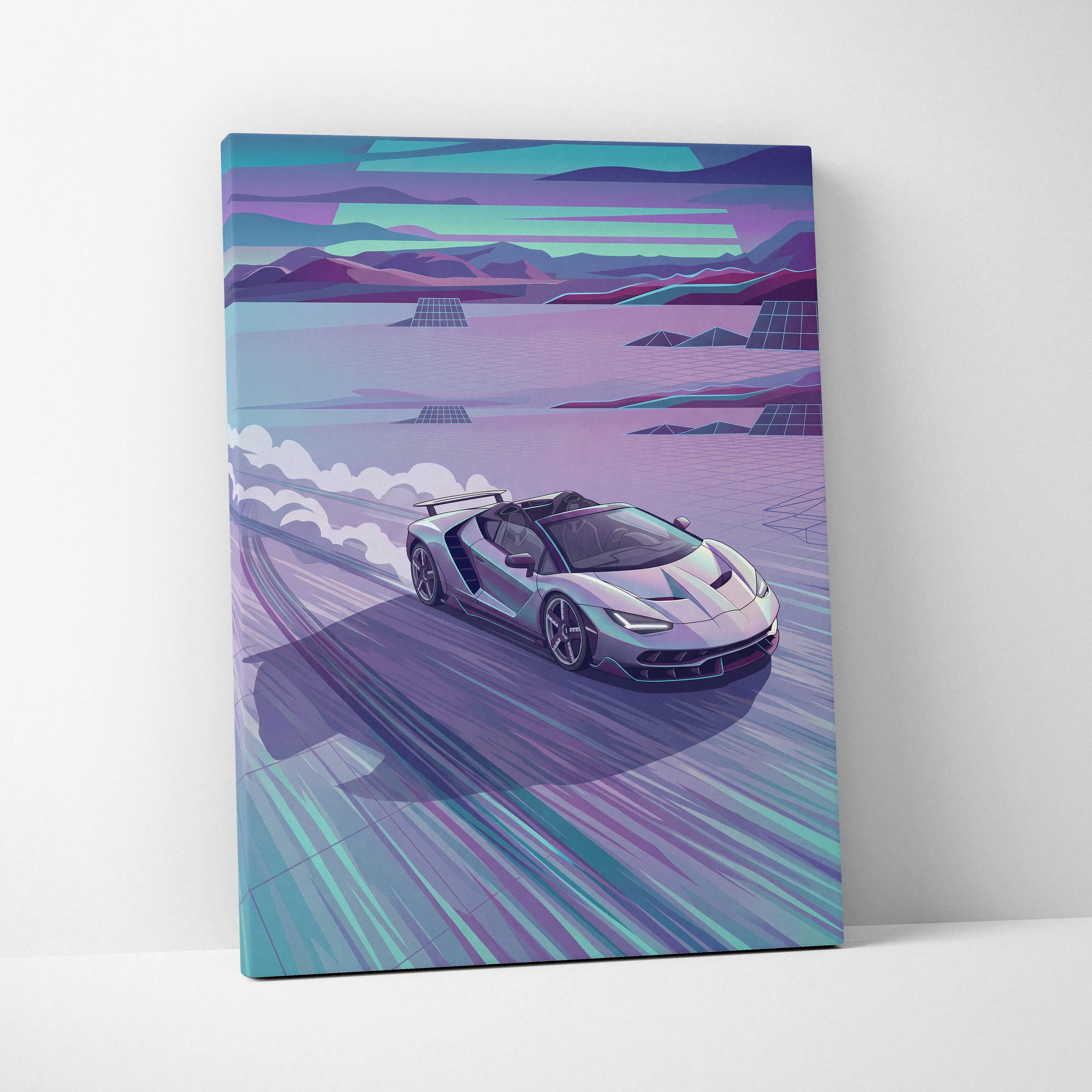 Lamborghini Centenario Roadster Inspired Silver Teal Canvas Wall Art, Speed Vaporwave Hypercar Artwork for Futuristic Garage Decor
