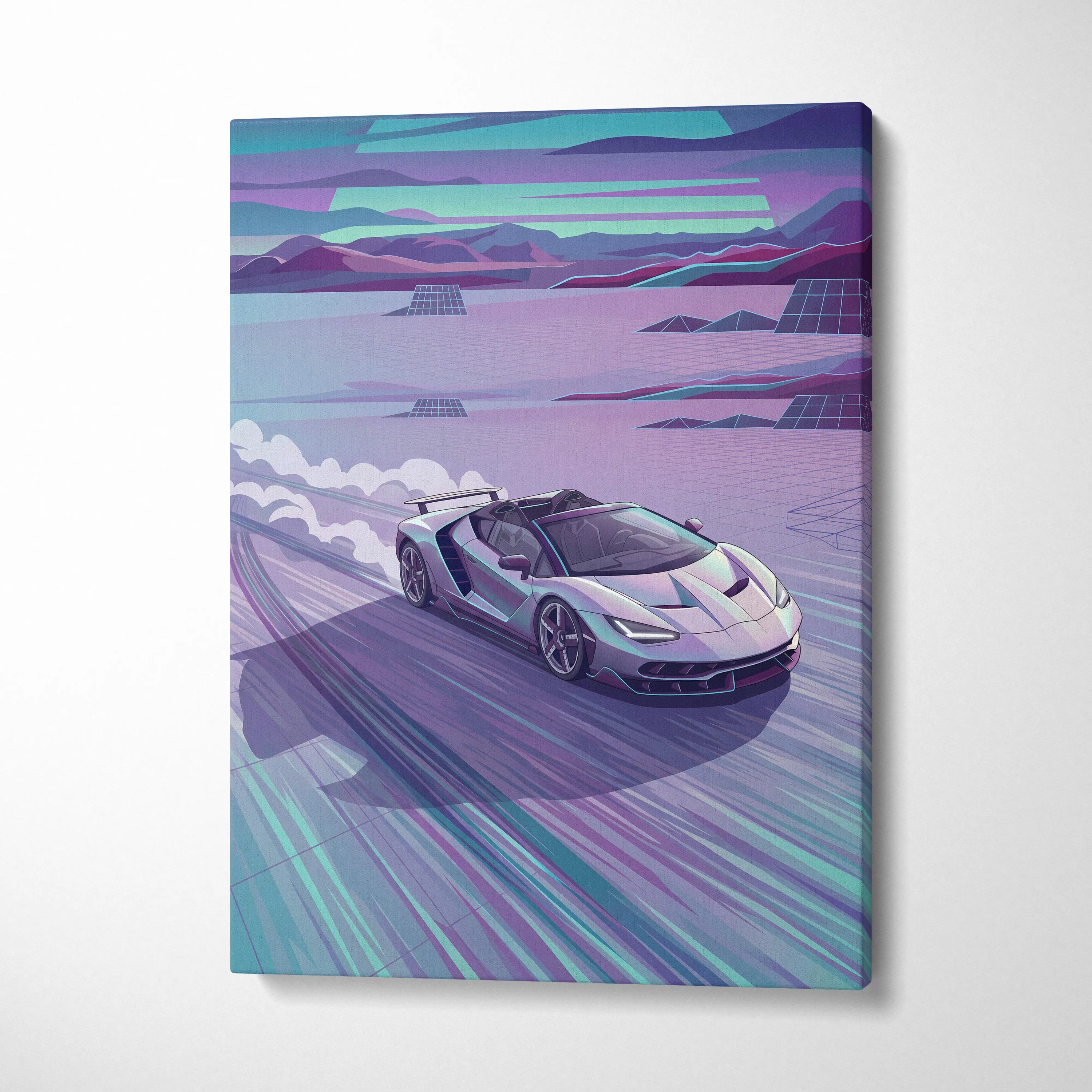 Lamborghini Centenario Roadster Inspired Silver Teal Canvas Wall Art, Speed Vaporwave Hypercar Artwork for Futuristic Garage Decor
