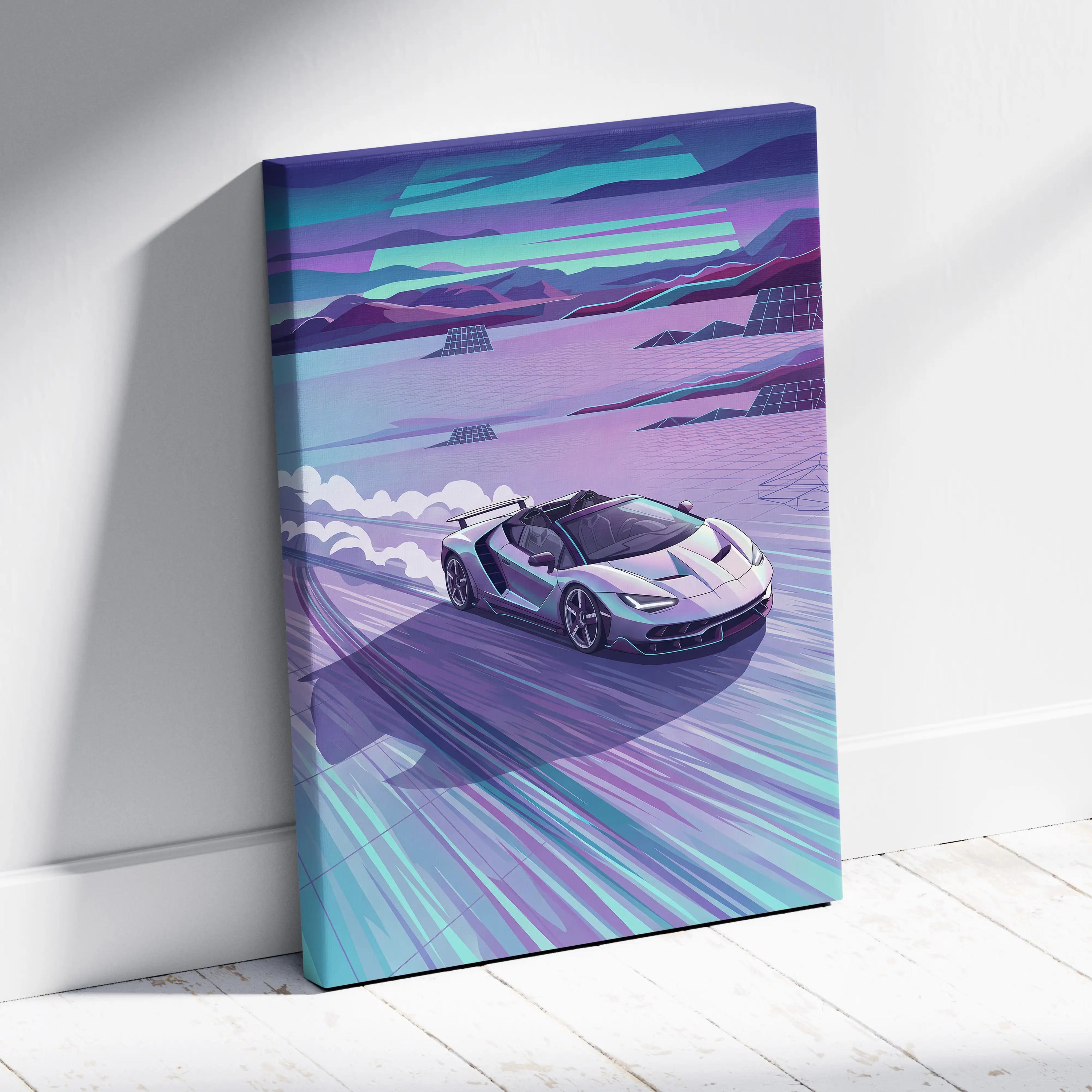 Lamborghini Centenario Roadster Inspired Silver Teal Canvas Wall Art, Speed Vaporwave Hypercar Artwork for Futuristic Garage Decor