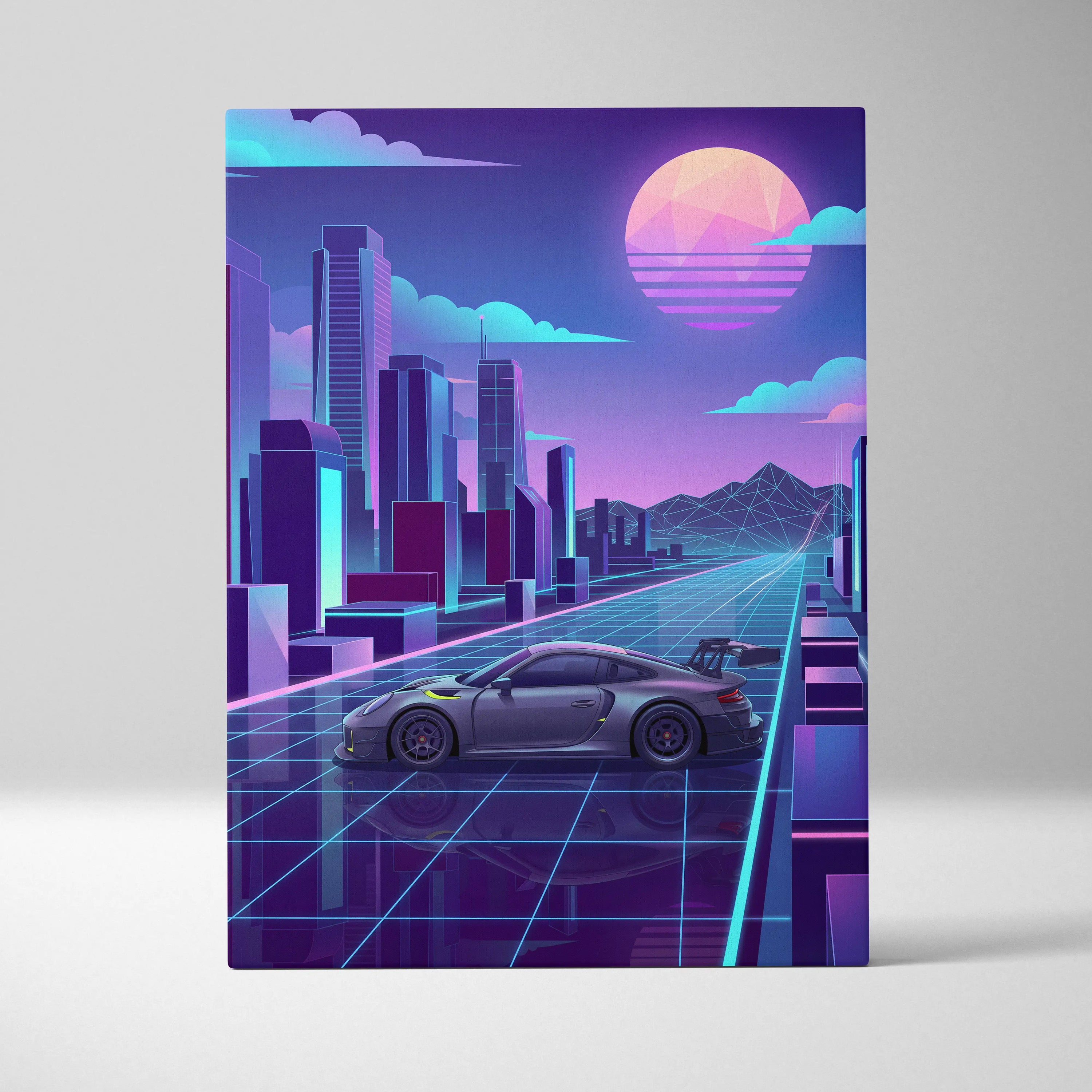 Porsche 911 GT3 RS Inspired Gray Purple Canvas Wall Art Vaporwave Neon City Sports Car Artwork, Retro Futuristic Garage Decor