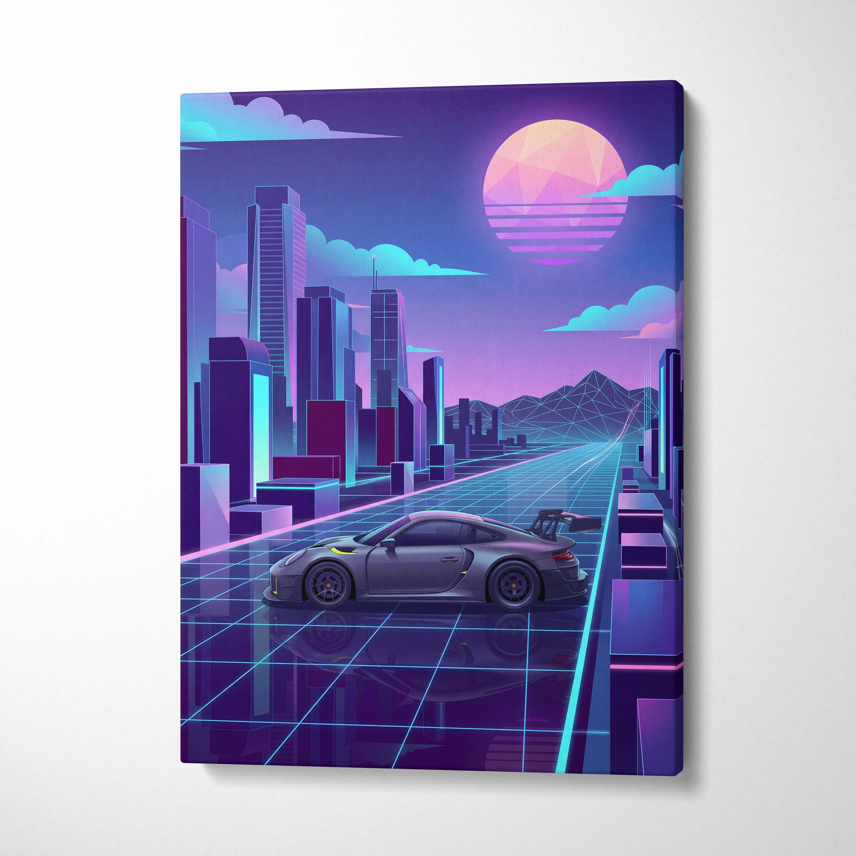 Porsche 911 GT3 RS Inspired Gray Purple Canvas Wall Art Vaporwave Neon City Sports Car Artwork, Retro Futuristic Garage Decor