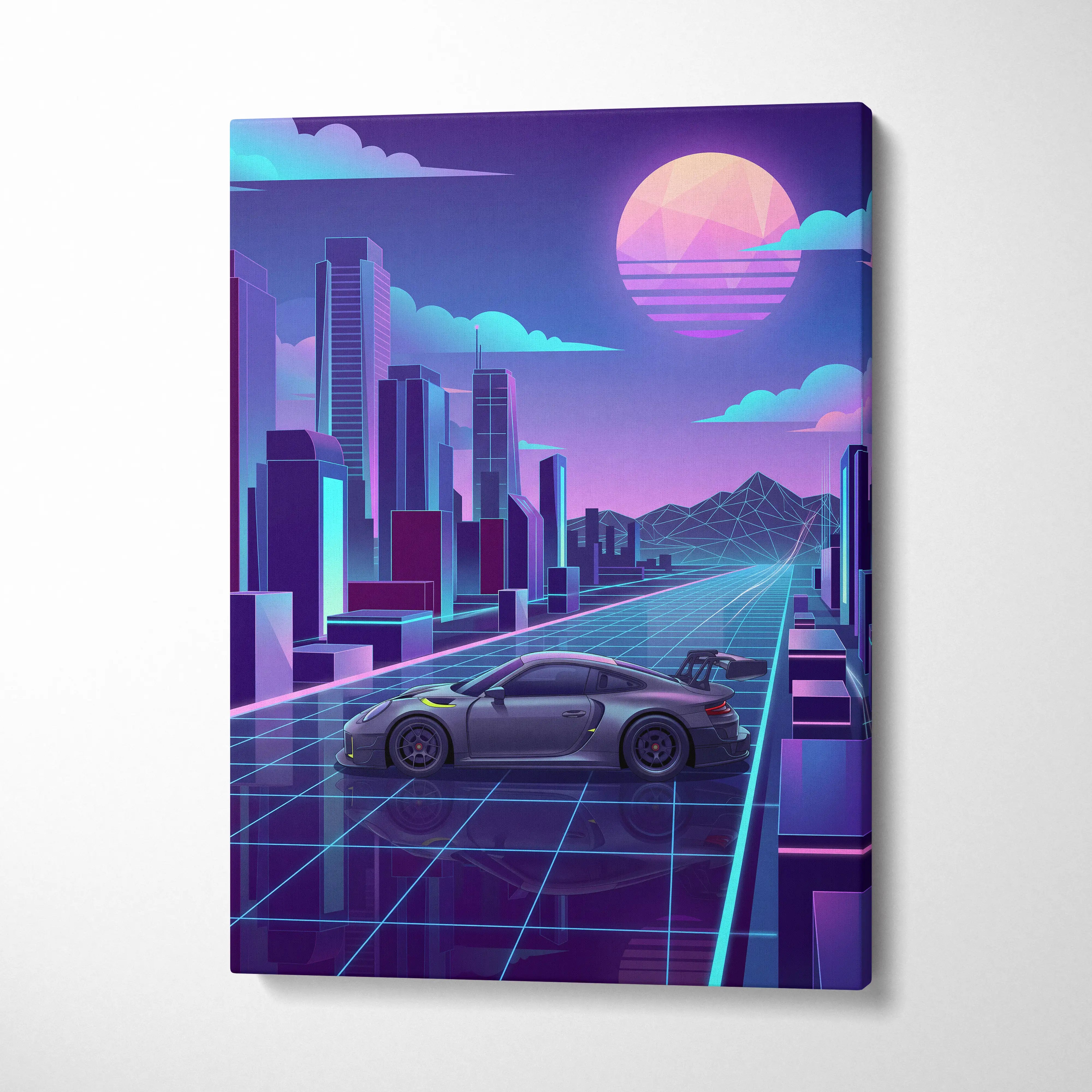 Porsche 911 GT3 RS Inspired Gray Purple Canvas Wall Art Vaporwave Neon City Sports Car Artwork, Retro Futuristic Garage Decor