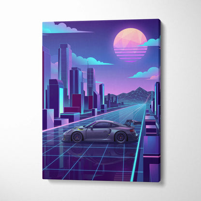 Porsche 911 GT3 RS Inspired Gray Purple Canvas Wall Art Vaporwave Neon City Sports Car Artwork, Retro Futuristic Garage Decor