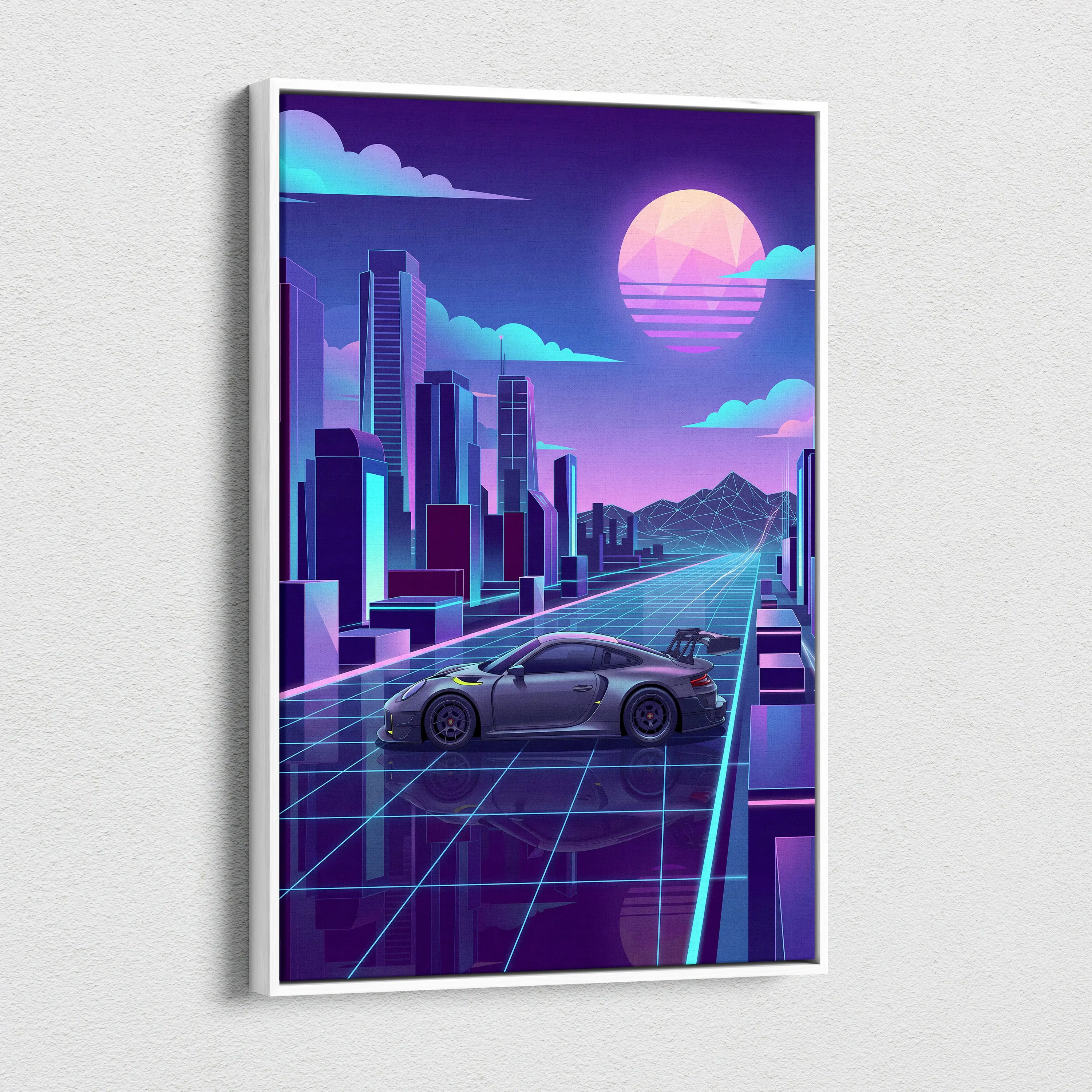 Porsche 911 GT3 RS Inspired Gray Purple Canvas Wall Art Vaporwave Neon City Sports Car Artwork, Retro Futuristic Garage Decor