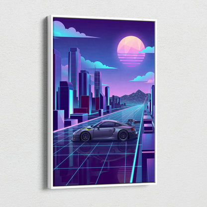 Porsche 911 GT3 RS Inspired Gray Purple Canvas Wall Art Vaporwave Neon City Sports Car Artwork, Retro Futuristic Garage Decor