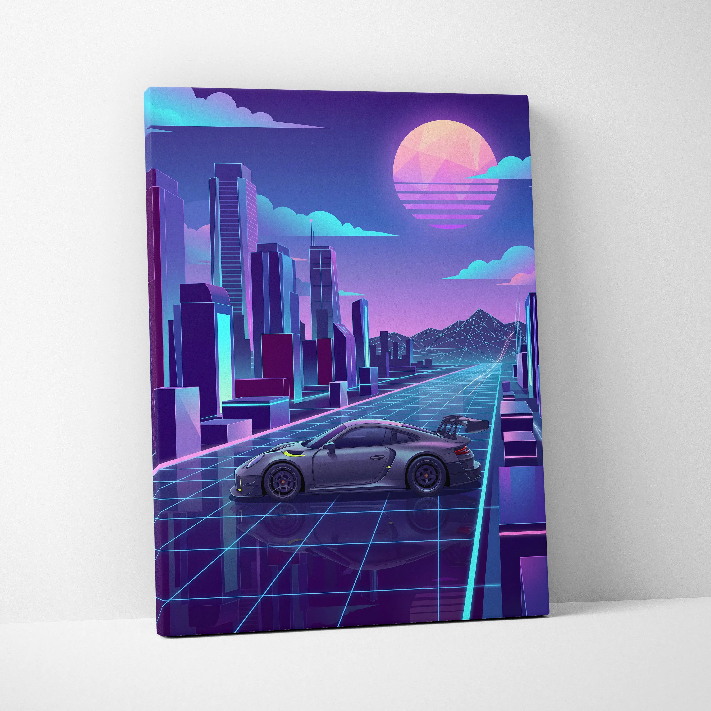 Porsche 911 GT3 RS Inspired Gray Purple Canvas Wall Art Vaporwave Neon City Sports Car Artwork, Retro Futuristic Garage Decor