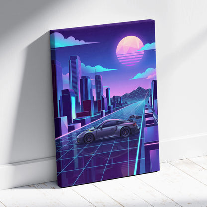 Porsche 911 GT3 RS Inspired Gray Purple Canvas Wall Art Vaporwave Neon City Sports Car Artwork, Retro Futuristic Garage Decor